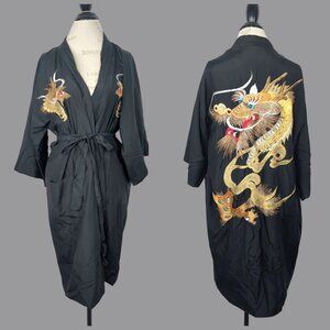 Vintage Black Kimono with Gold Dragon Design